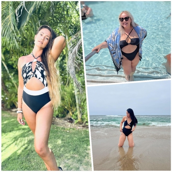 NWT Cupshe Black One Piece Cut Out Criss Cross Halter Swimsuit Bathing Suit L - Picture 5 of 11